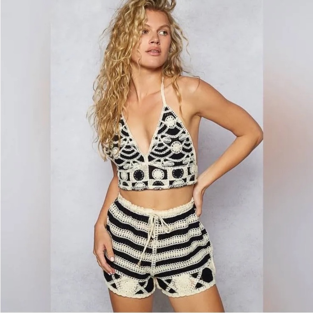 POL Black and Cream Crochet Halter Top and Shorts Set